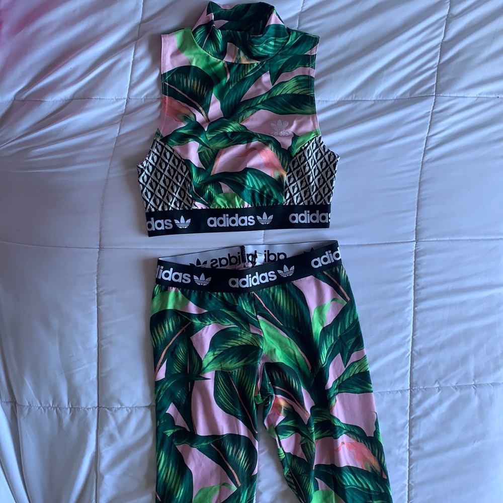 adidas x farm rio palm printed matching high neck sports bra and leggings set